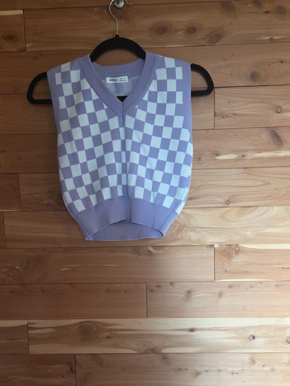 Shein Lavender & White Check V-Neck Sweater Vest
